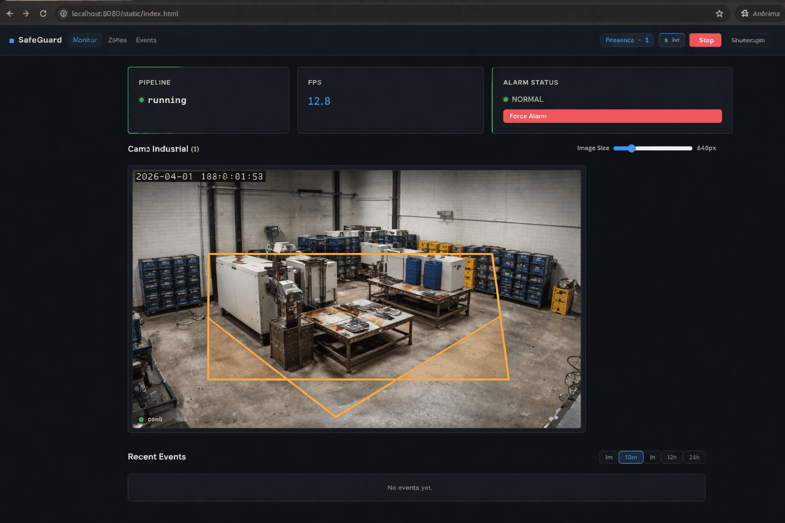 Interface real do SafeGuard Vision exibindo o painel operacional de monitoramento industrial